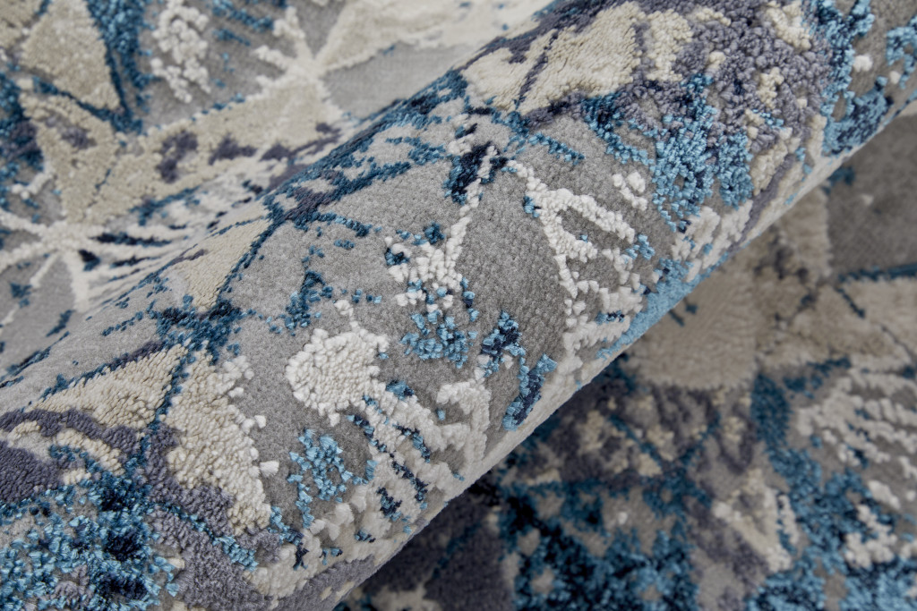 8" Blue Ivory And Gray Geometric Power Loom Distressed Runner Rug