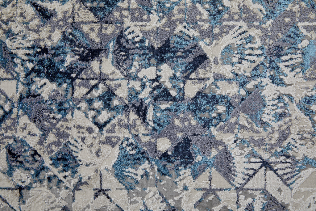 8" Blue Ivory And Gray Geometric Power Loom Distressed Runner Rug