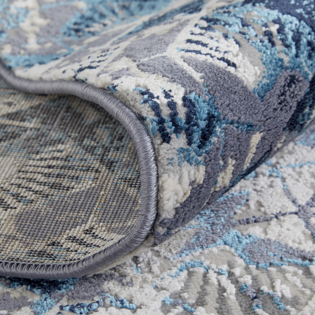 8" Blue Ivory And Gray Geometric Power Loom Distressed Runner Rug
