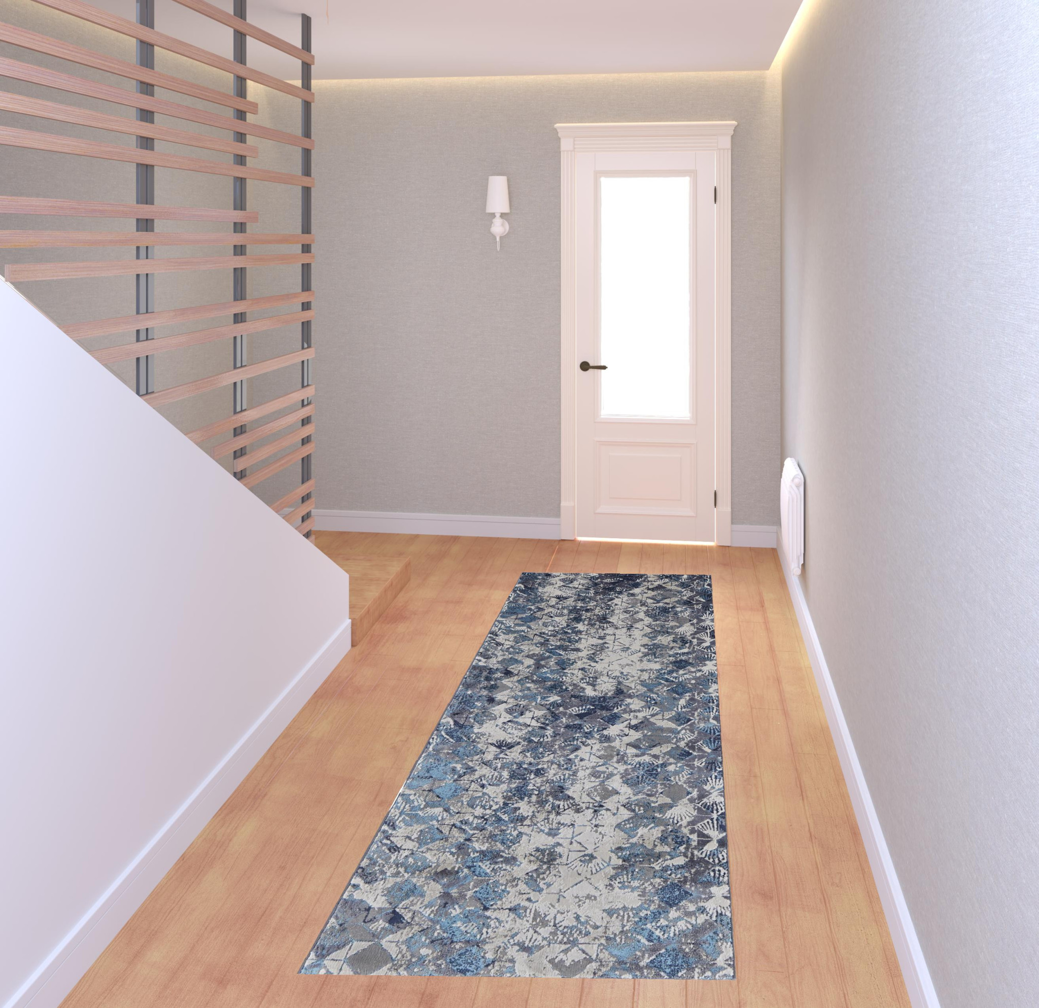 8" Blue Ivory And Gray Geometric Power Loom Distressed Runner Rug