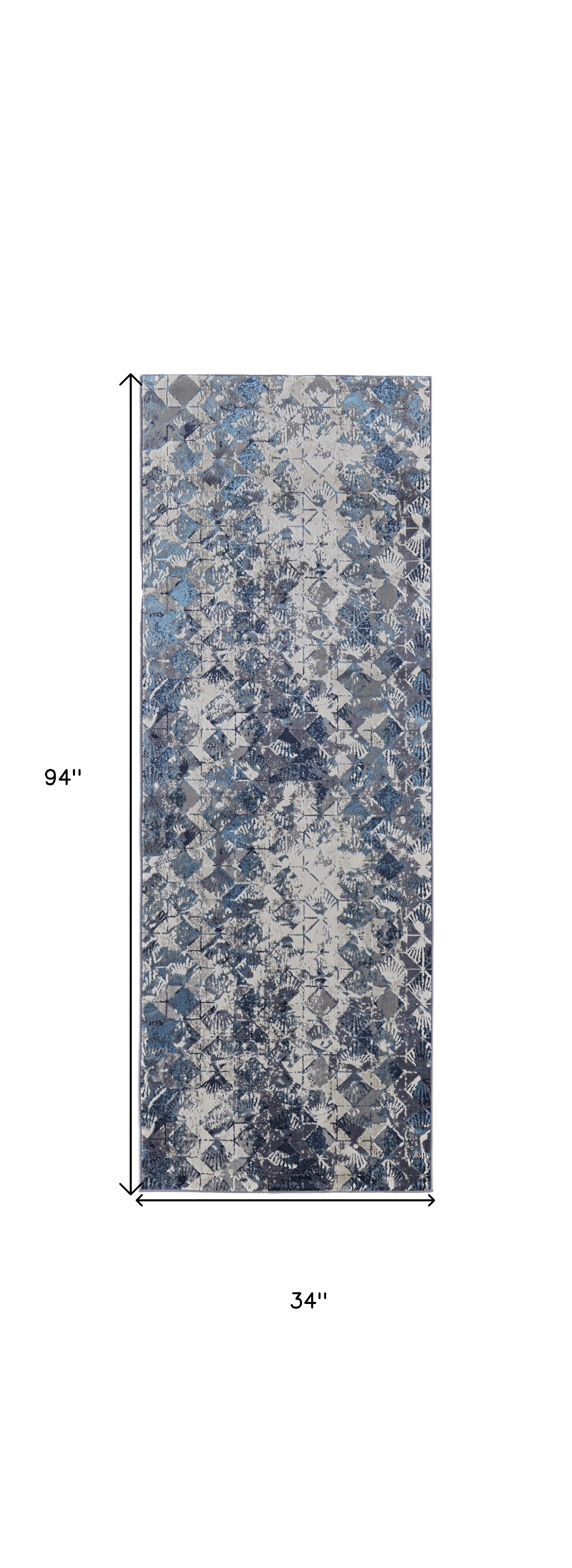 8" Blue Ivory And Gray Geometric Power Loom Distressed Runner Rug
