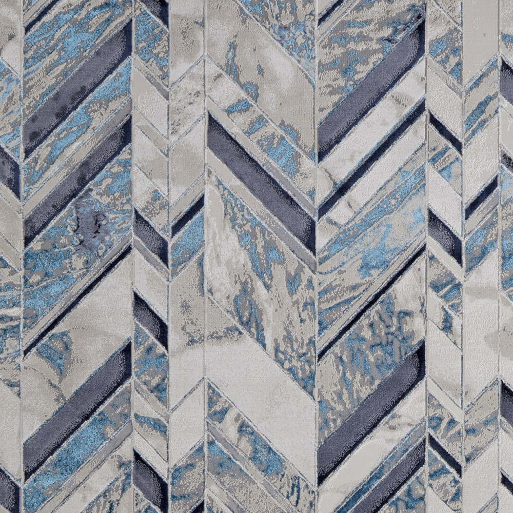 4" X 6" Ivory and Blue Chevron Power Loom Distressed Area Rug