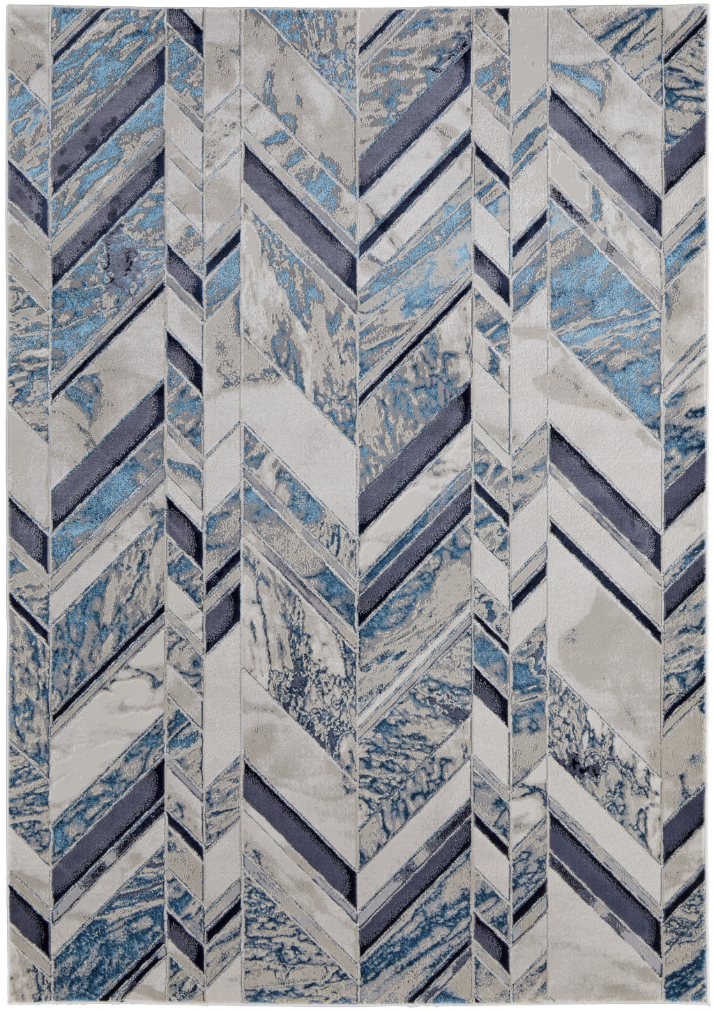 4" X 6" Ivory and Blue Chevron Power Loom Distressed Area Rug