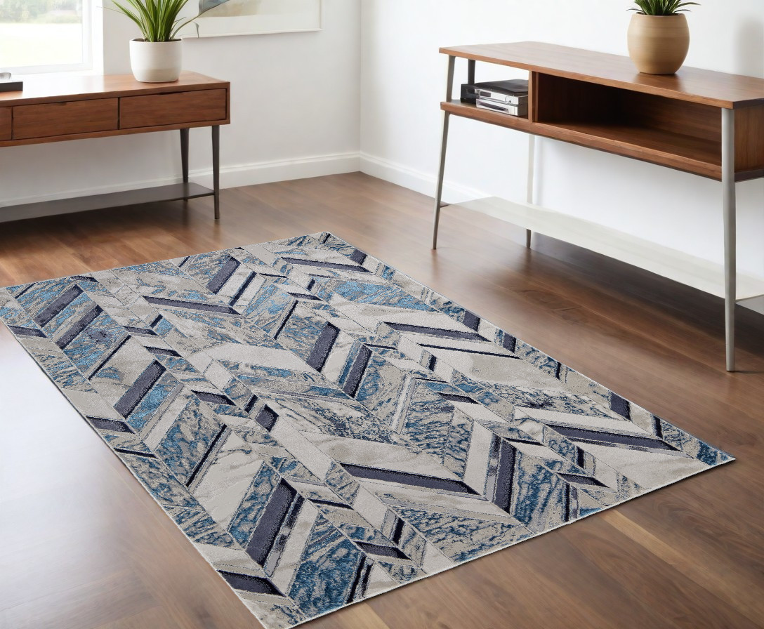 4" X 6" Ivory and Blue Chevron Power Loom Distressed Area Rug