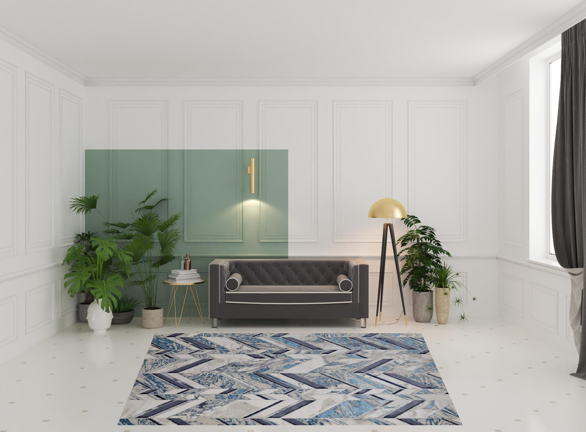 8" X 10" Ivory Blue And Gray Chevron Power Loom Distressed Area Rug