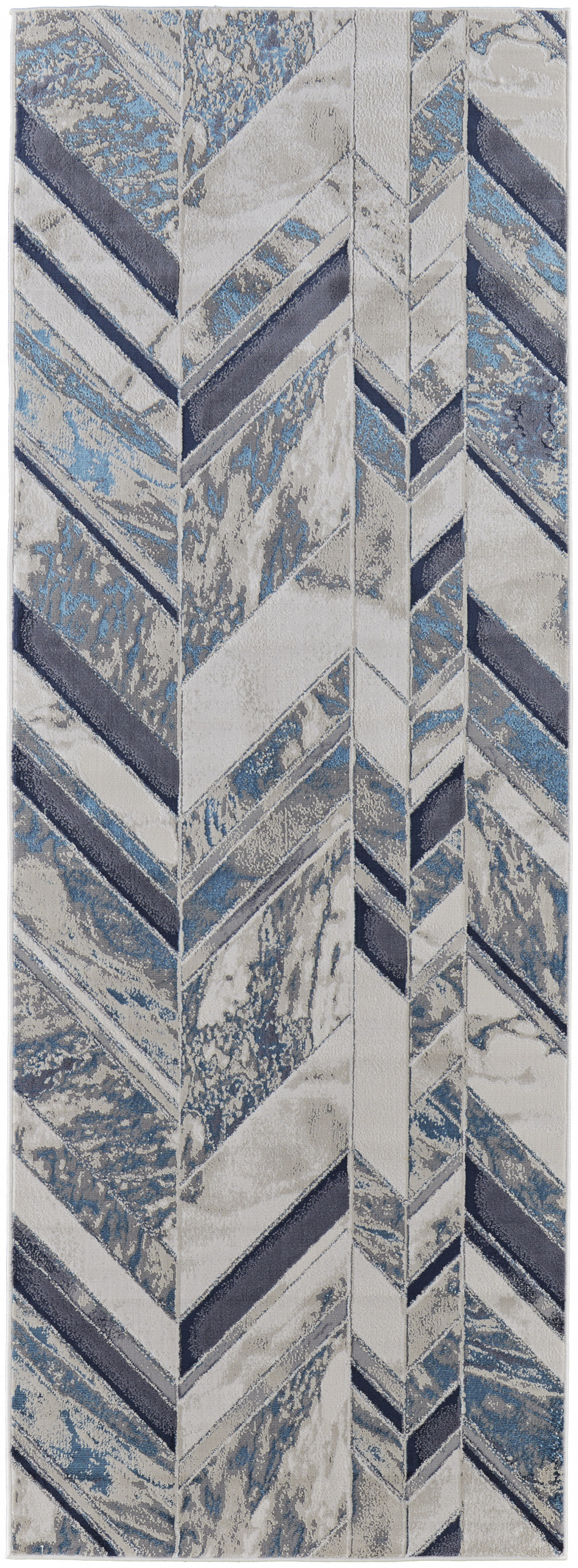 8" Ivory Blue And Gray Chevron Power Loom Distressed Runner Rug