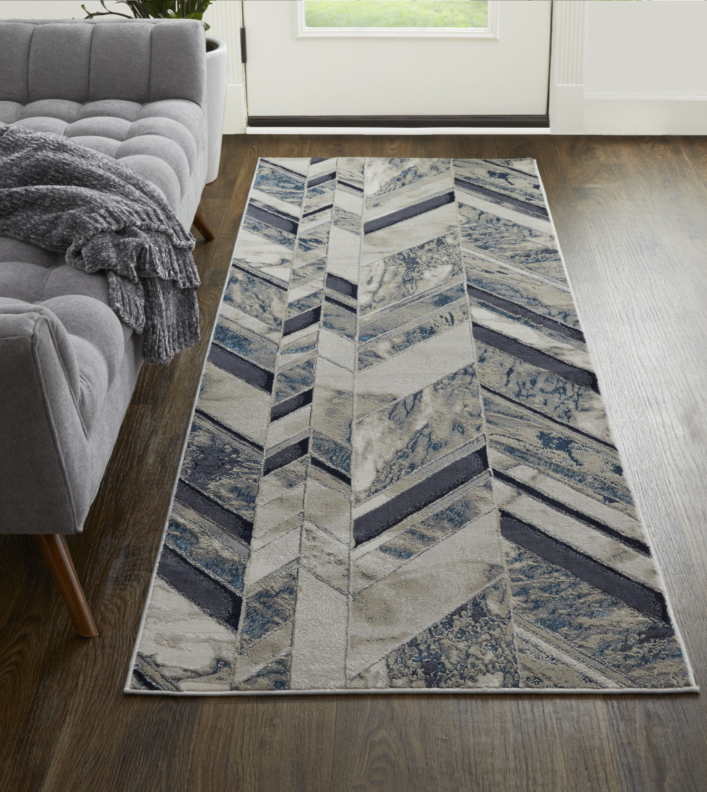 8" Ivory Blue And Gray Chevron Power Loom Distressed Runner Rug