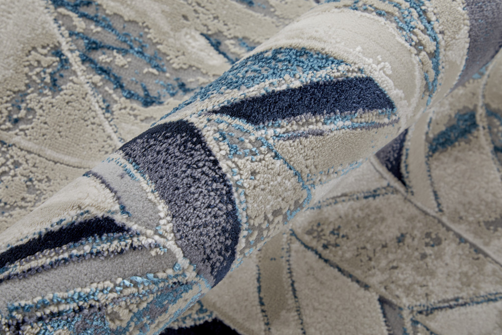 8" Ivory Blue And Gray Chevron Power Loom Distressed Runner Rug
