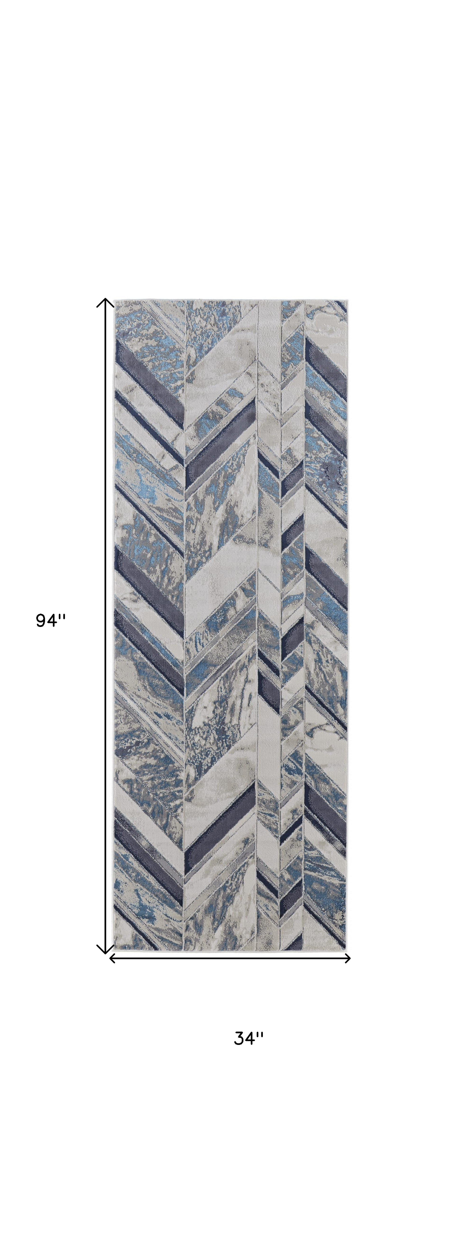 8" Ivory Blue And Gray Chevron Power Loom Distressed Runner Rug