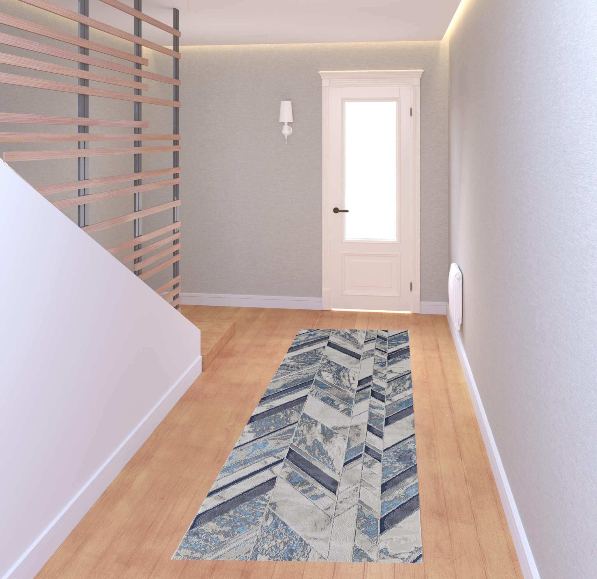 8" Ivory Blue And Gray Chevron Power Loom Distressed Runner Rug