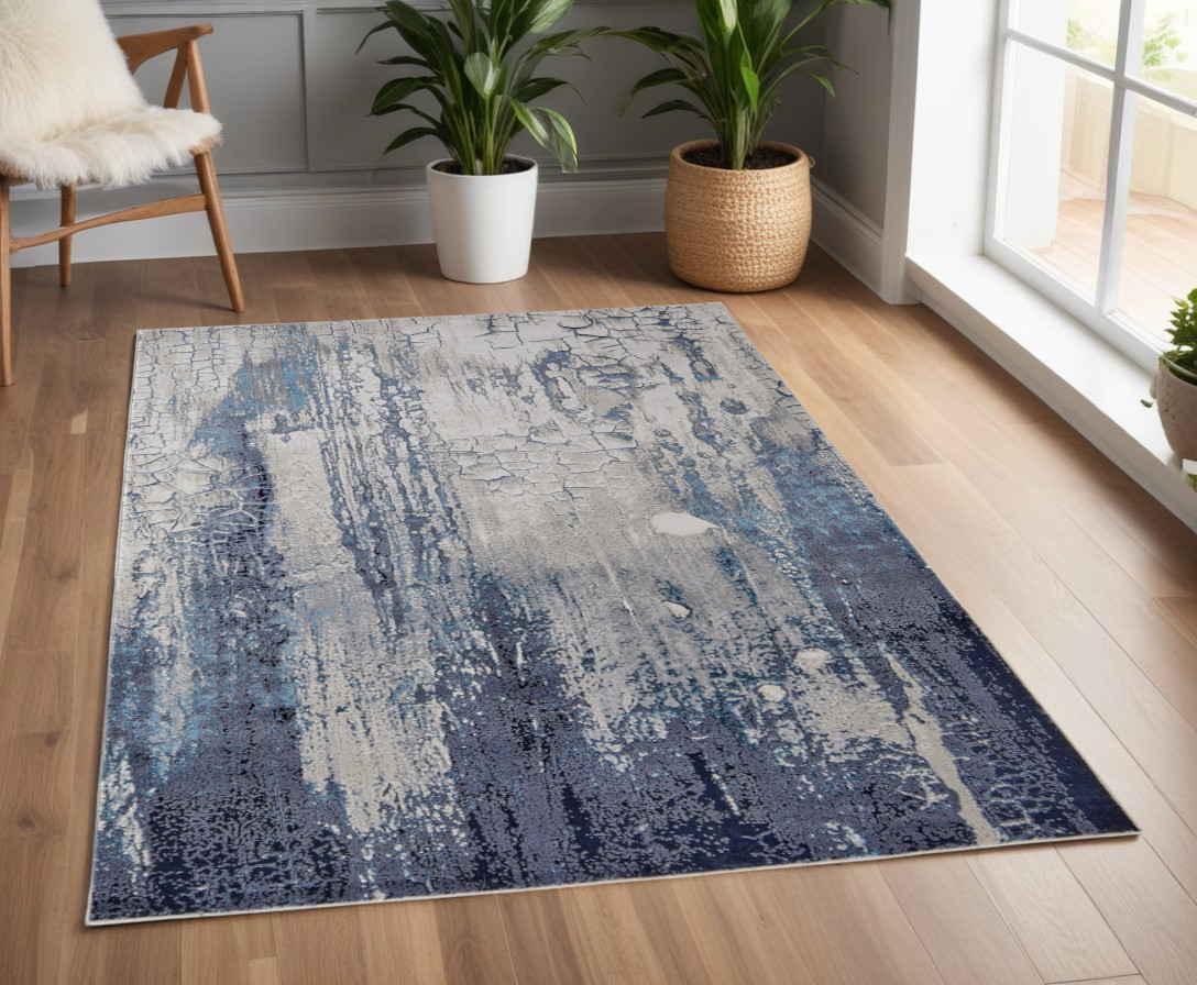 4" X 6" Ivory and Blue Abstract Power Loom Distressed Non Skid Area Rug