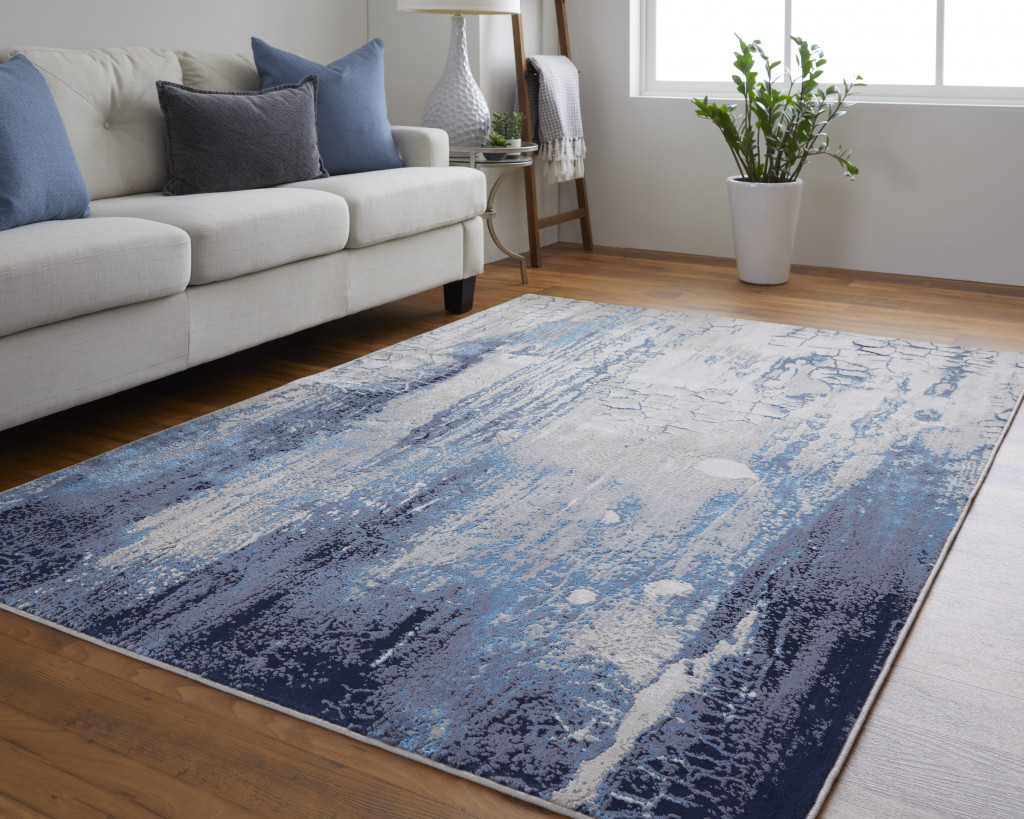 4" X 6" Ivory and Blue Abstract Power Loom Distressed Non Skid Area Rug