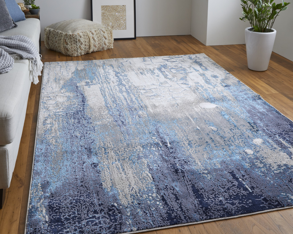 4" X 6" Ivory and Blue Abstract Power Loom Distressed Non Skid Area Rug