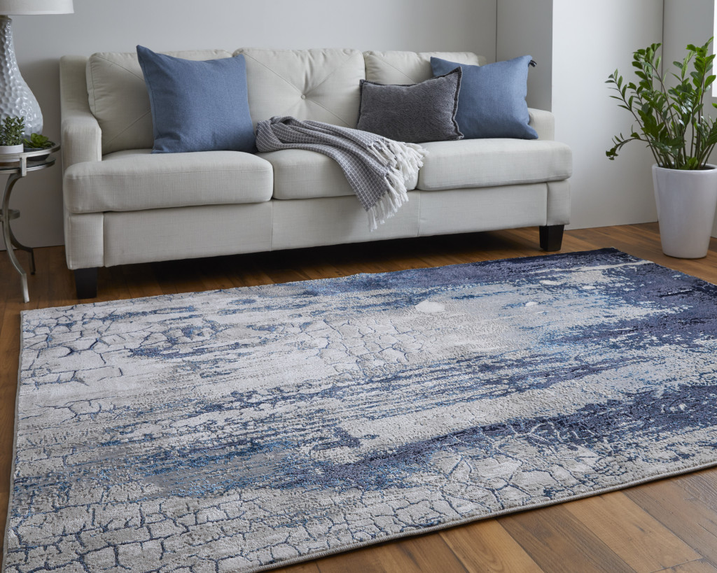 4" X 6" Ivory and Blue Abstract Power Loom Distressed Non Skid Area Rug