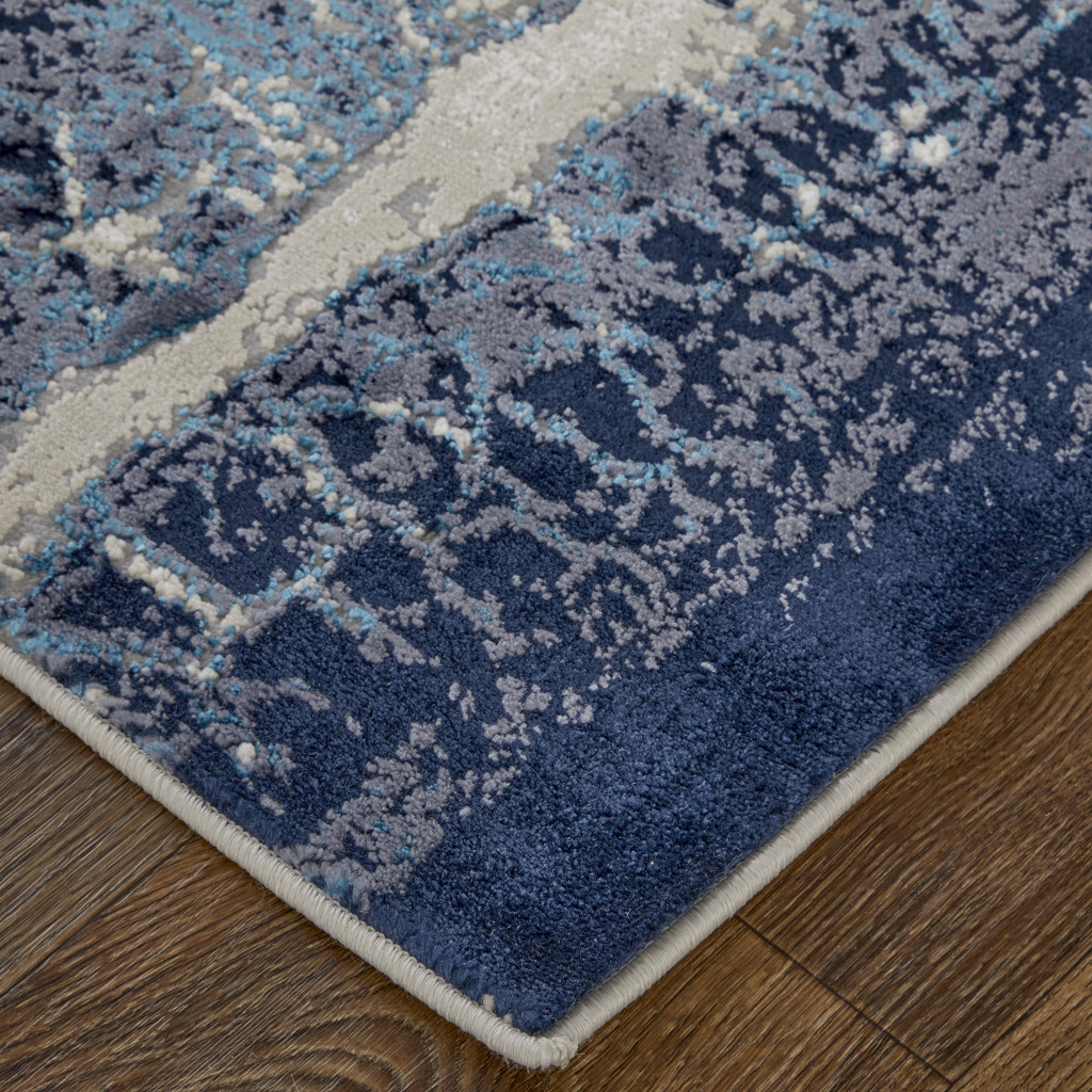 4" X 6" Ivory and Blue Abstract Power Loom Distressed Non Skid Area Rug