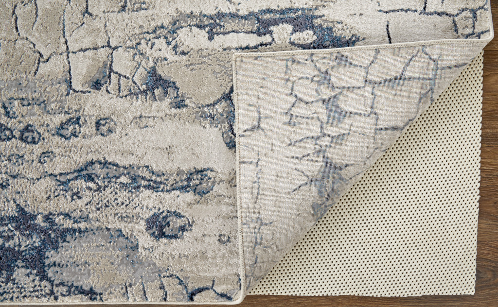 4" X 6" Ivory and Blue Abstract Power Loom Distressed Non Skid Area Rug