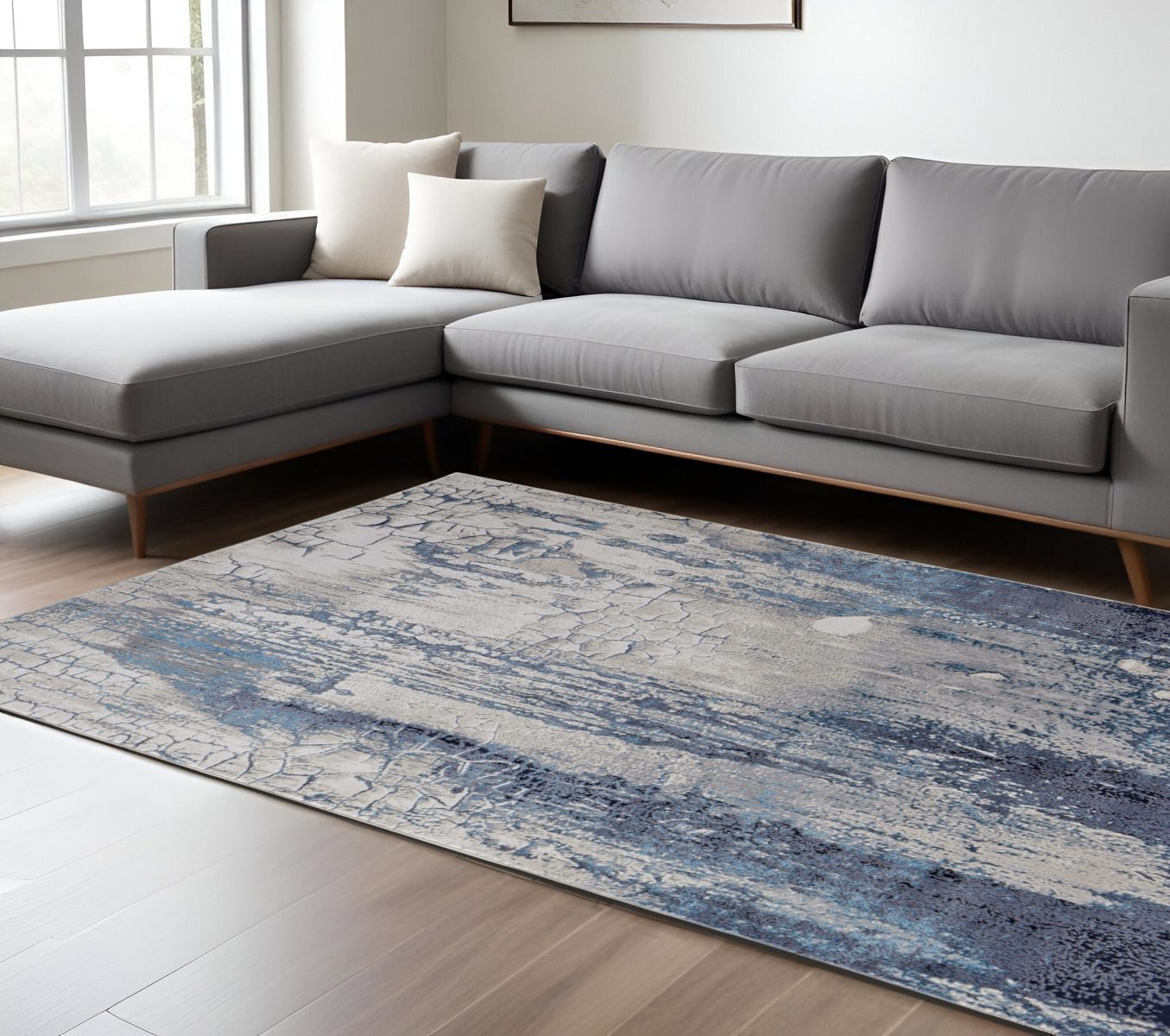 8" X 10" Ivory and Blue Abstract Power Loom Distressed Non Skid Area Rug