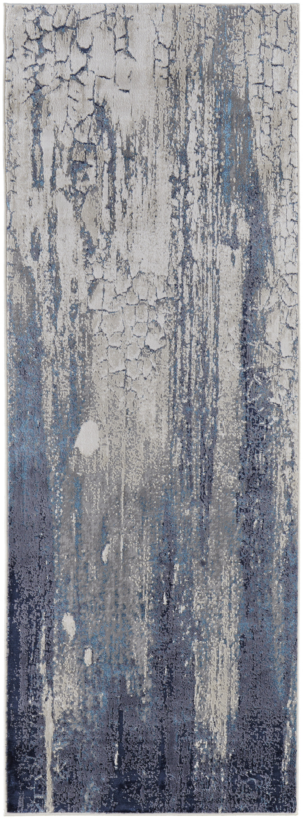 8' Ivory Blue And Black Abstract Power Loom Distressed Runner Rug-513940-1