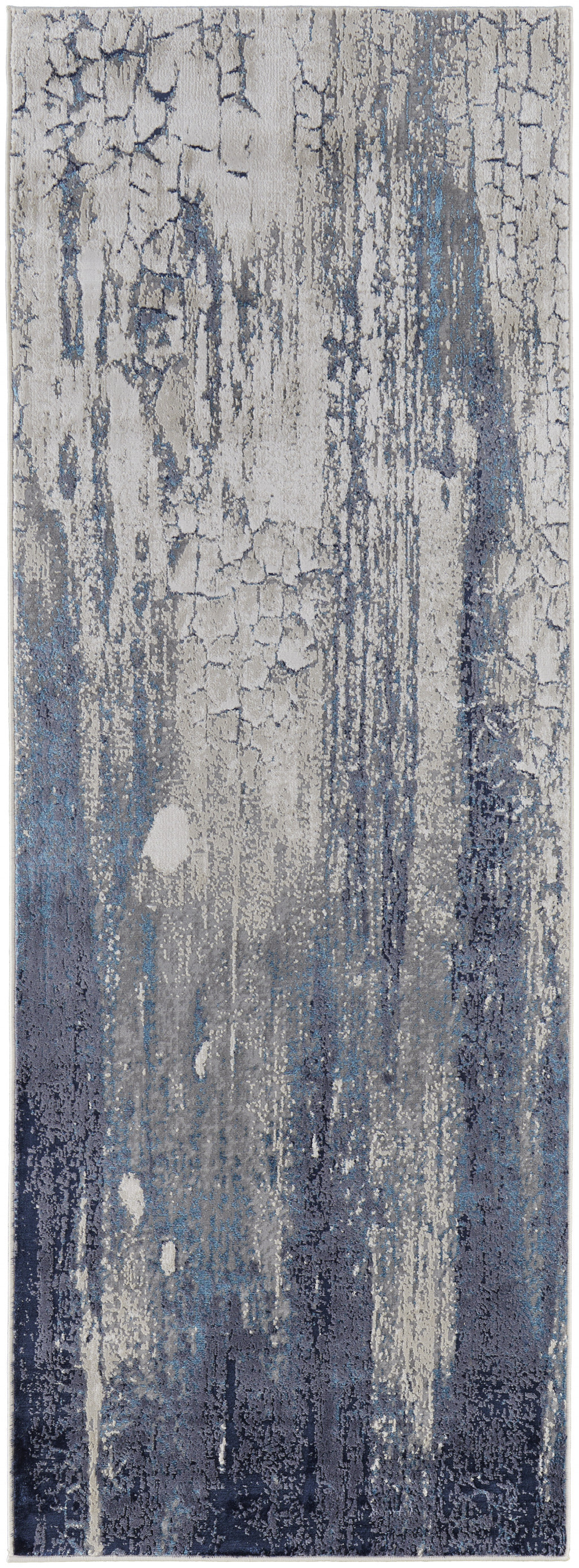 8" Ivory Blue And Black Abstract Power Loom Distressed Runner Rug