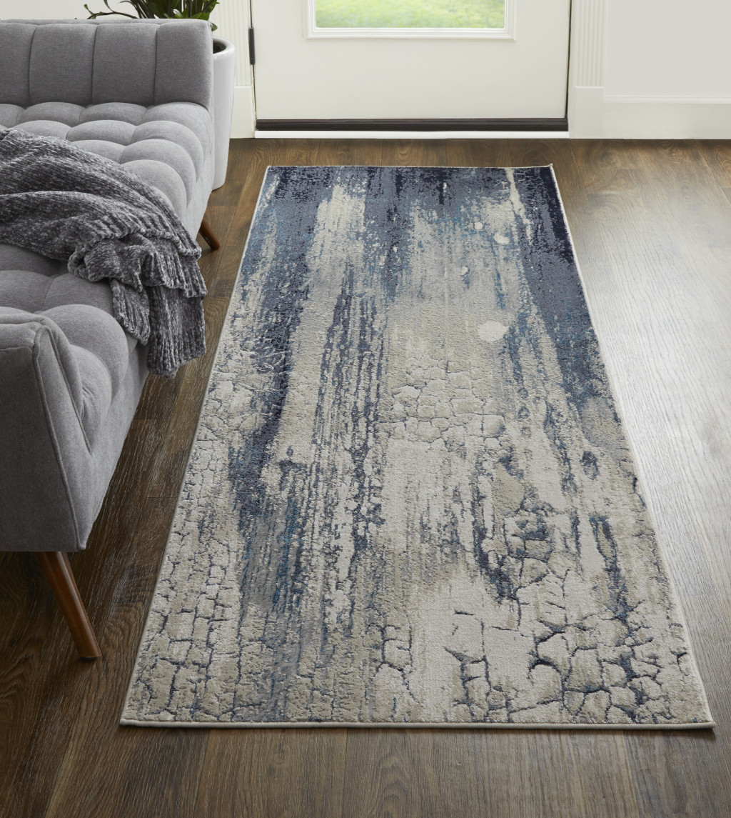 8" Ivory Blue And Black Abstract Power Loom Distressed Runner Rug