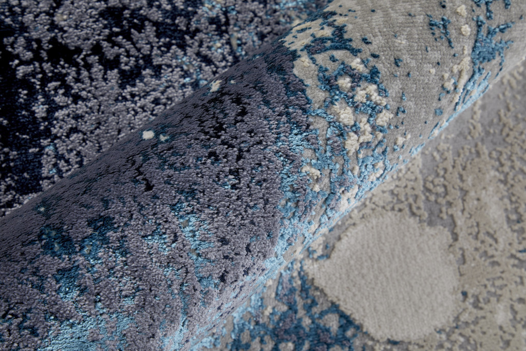8" Ivory Blue And Black Abstract Power Loom Distressed Runner Rug
