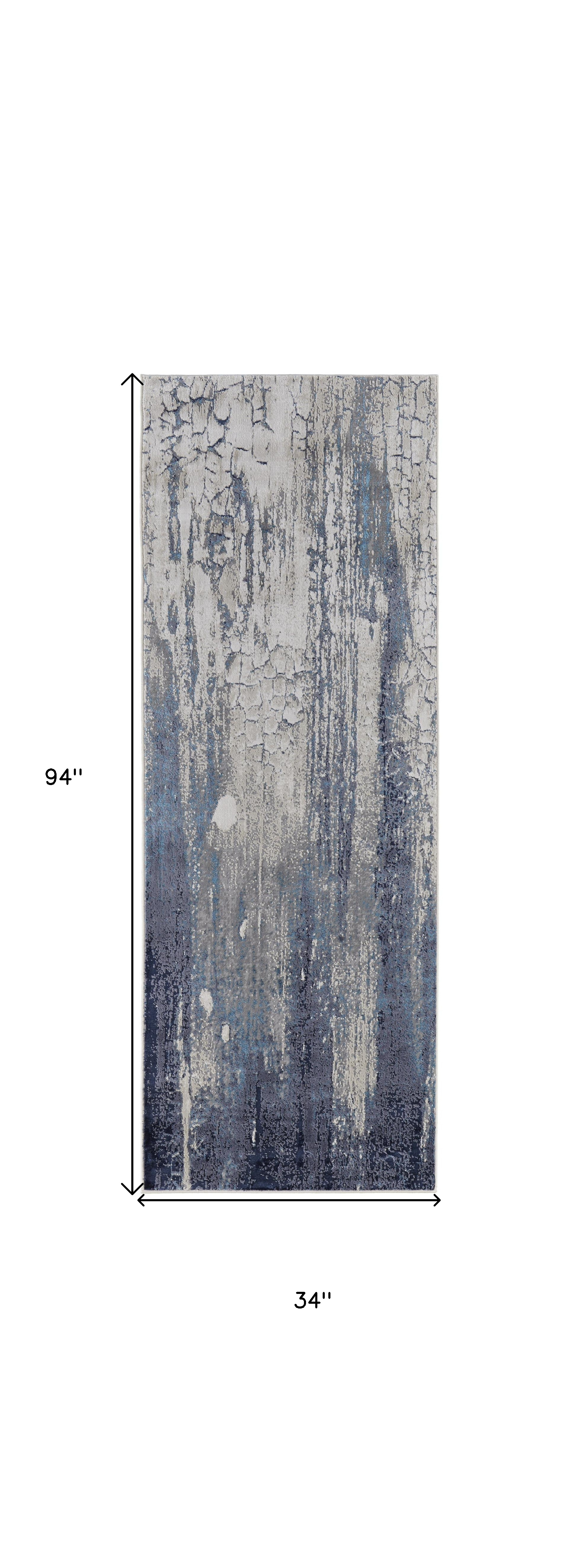 8" Ivory Blue And Black Abstract Power Loom Distressed Runner Rug