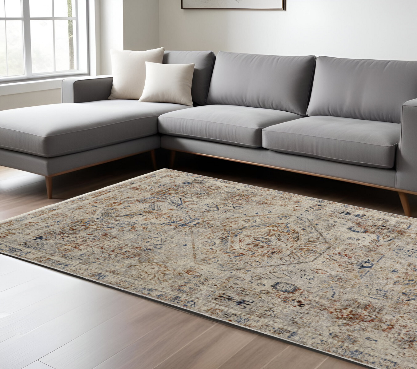 8" X 10" Tan and Red Floral Power Loom Distressed Non Skid Area Rug With Fringe