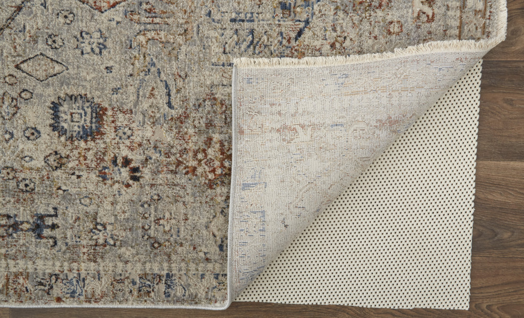 8" X 10" Tan and Red Floral Power Loom Distressed Non Skid Area Rug With Fringe