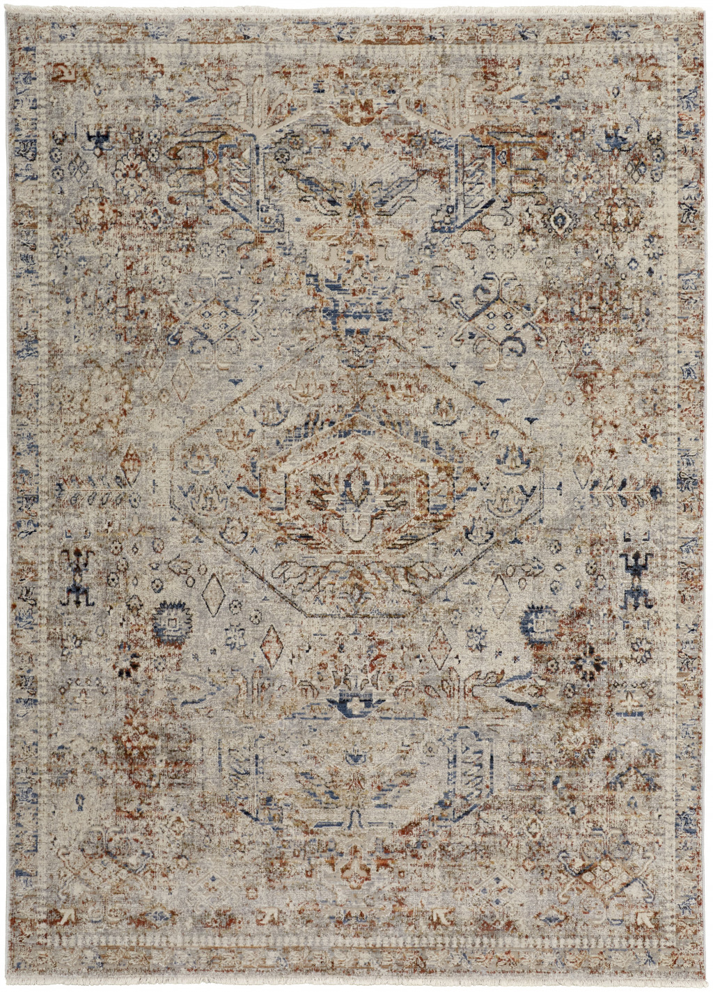 2" X 3" Tan Orange And Red Floral Power Loom Distressed Area Rug With Fringe