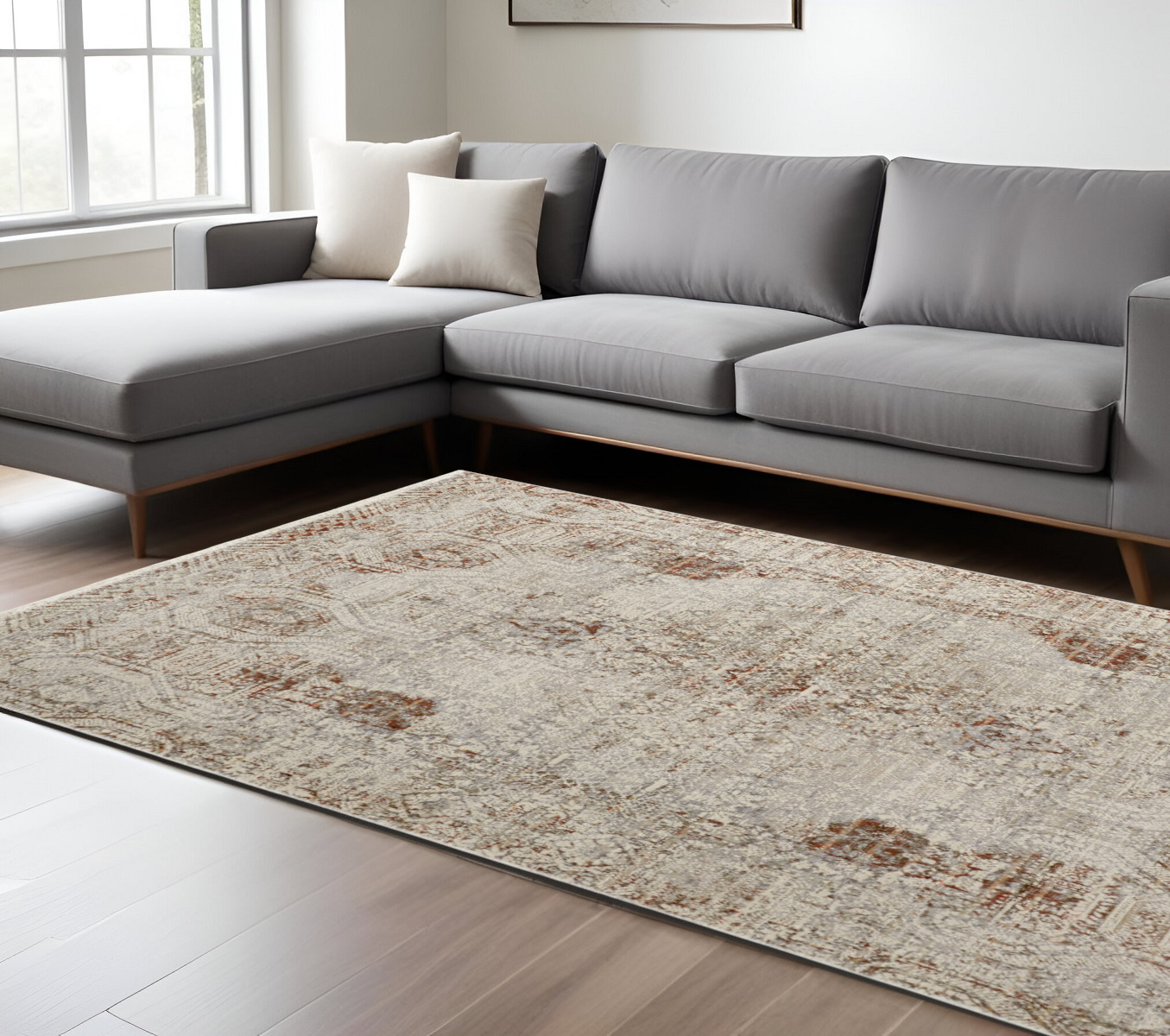 8" X 10" Tan and Ivory Floral Power Loom Distressed Non Skid Area Rug With Fringe