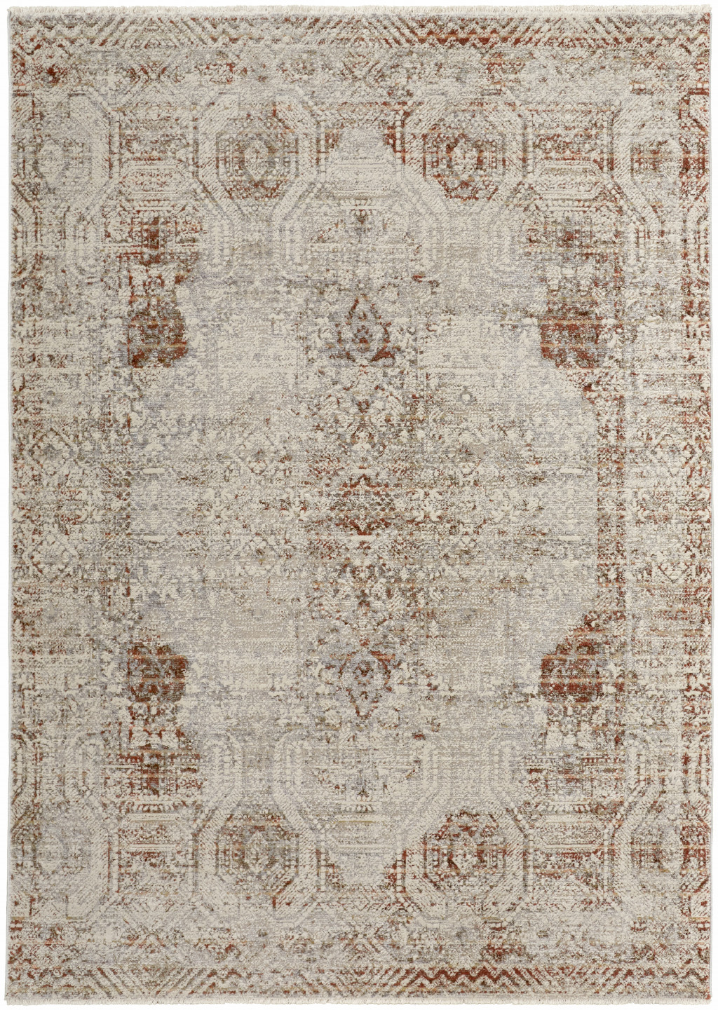10" X 13" Tan Ivory And Orange Floral Power Loom Distressed Area Rug With Fringe
