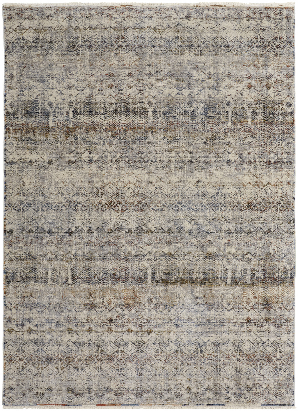 5" X 8" Tan and Ivory Geometric Power Loom Distressed Non Skid Area Rug With Fringe