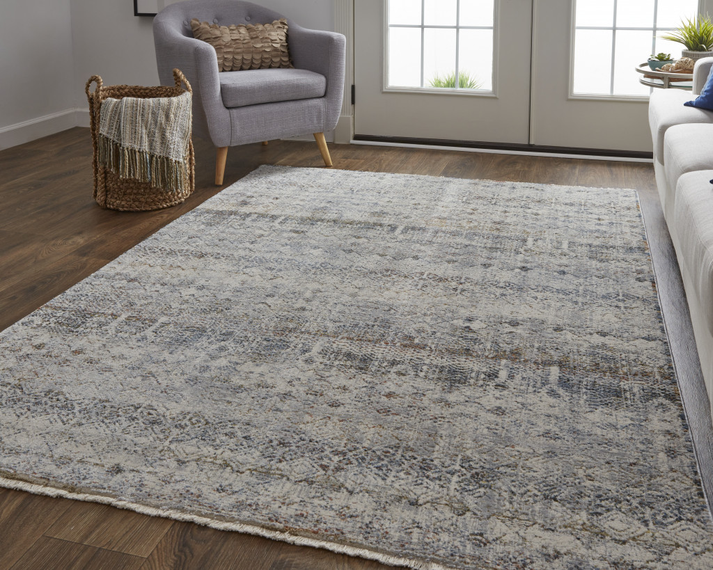 5" X 8" Tan and Ivory Geometric Power Loom Distressed Non Skid Area Rug With Fringe