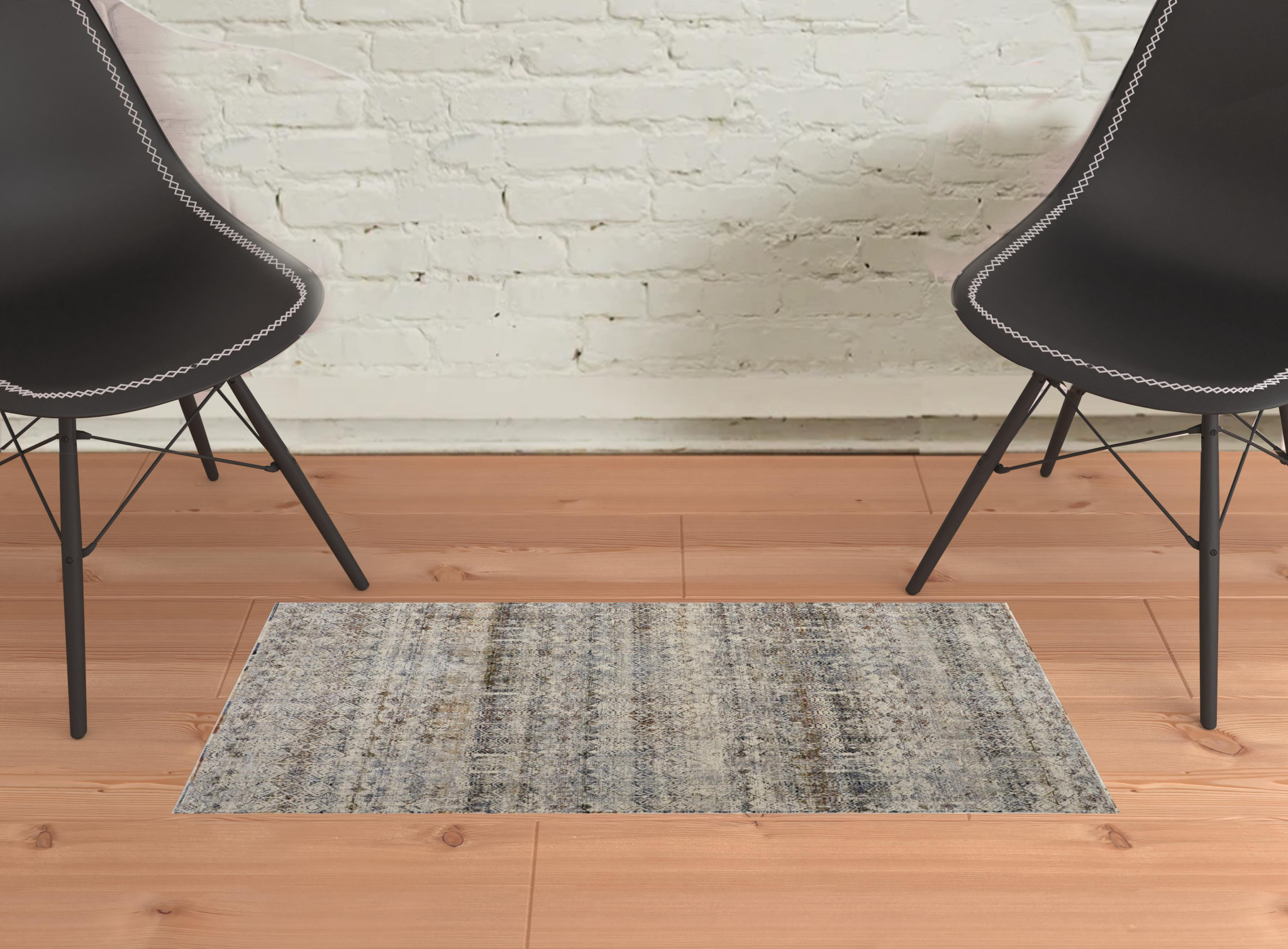 2" X 3" Tan Ivory And Blue Geometric Power Loom Distressed Area Rug With Fringe