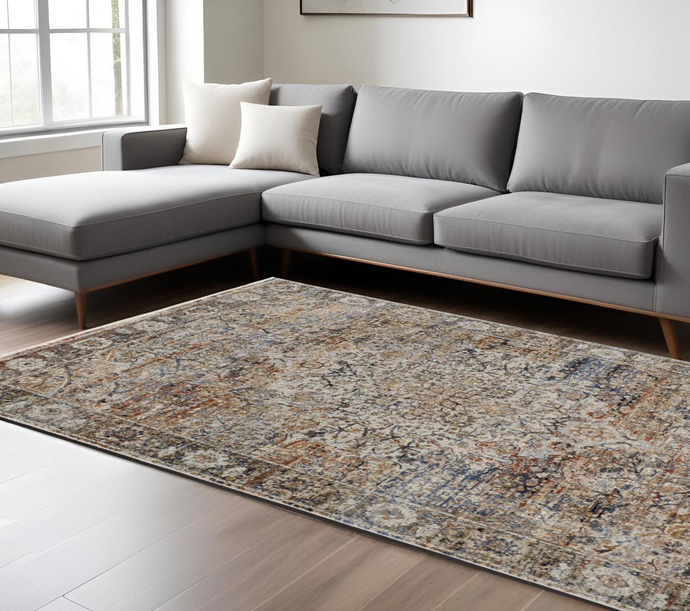 8" X 10" Tan and Blue Floral Power Loom Distressed Non Skid Area Rug With Fringe