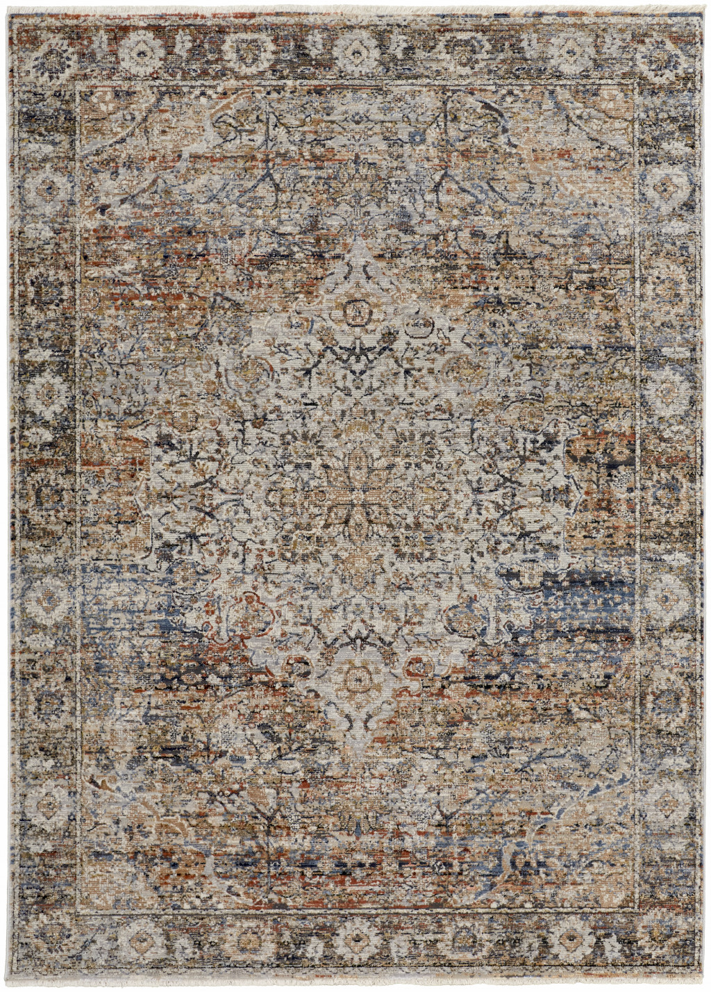 2" X 3" Tan Orange And Blue Floral Power Loom Distressed Area Rug With Fringe