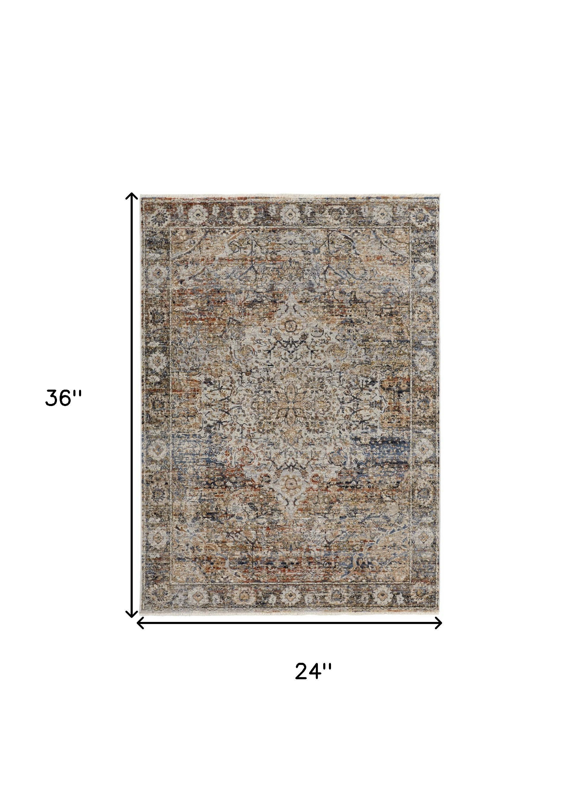 2" X 3" Tan Orange And Blue Floral Power Loom Distressed Area Rug With Fringe