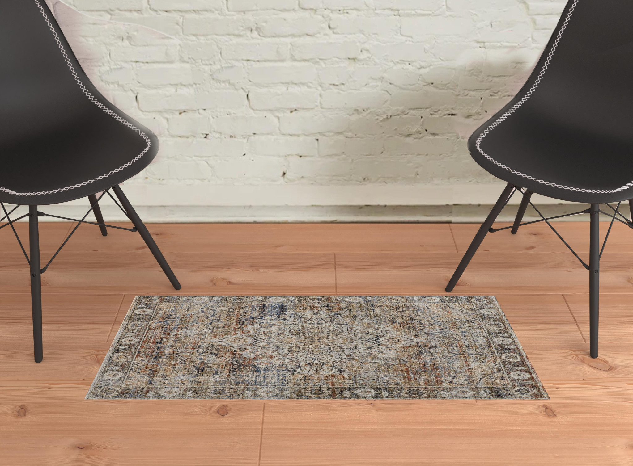 2" X 3" Tan Orange And Blue Floral Power Loom Distressed Area Rug With Fringe