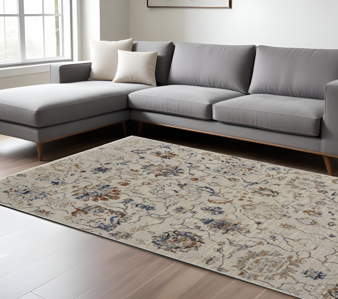 8" X 10" Ivory and Blue Floral Power Loom Distressed Non Skid Area Rug With Fringe