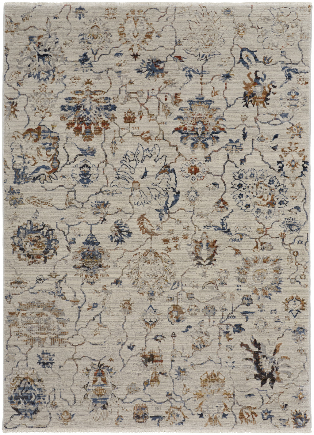10" X 13" Ivory Orange And Blue Floral Power Loom Distressed Area Rug With Fringe