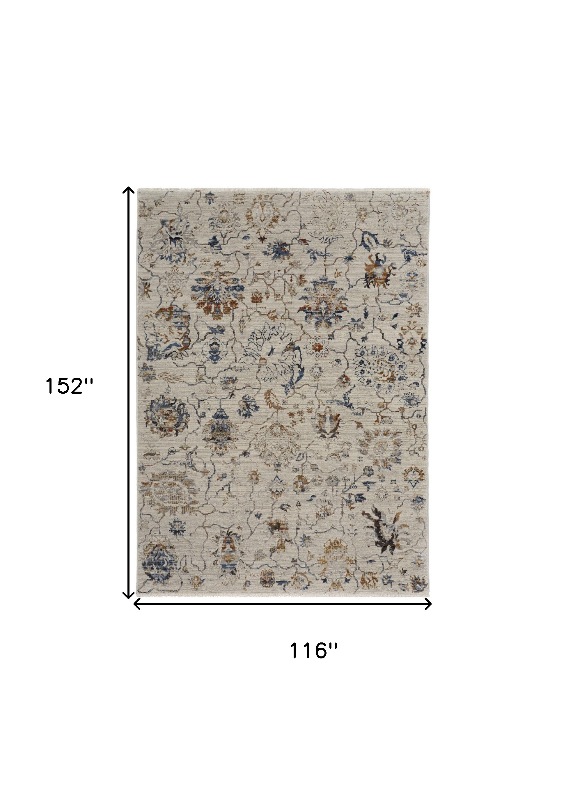 10" X 13" Ivory Orange And Blue Floral Power Loom Distressed Area Rug With Fringe