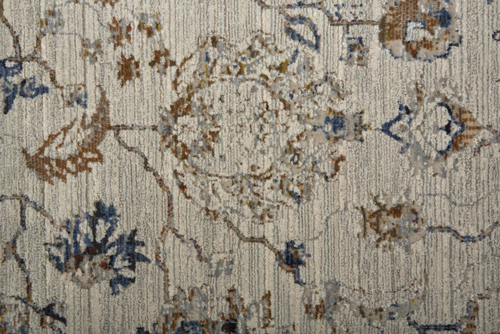 10" X 13" Ivory Orange And Blue Floral Power Loom Distressed Area Rug With Fringe