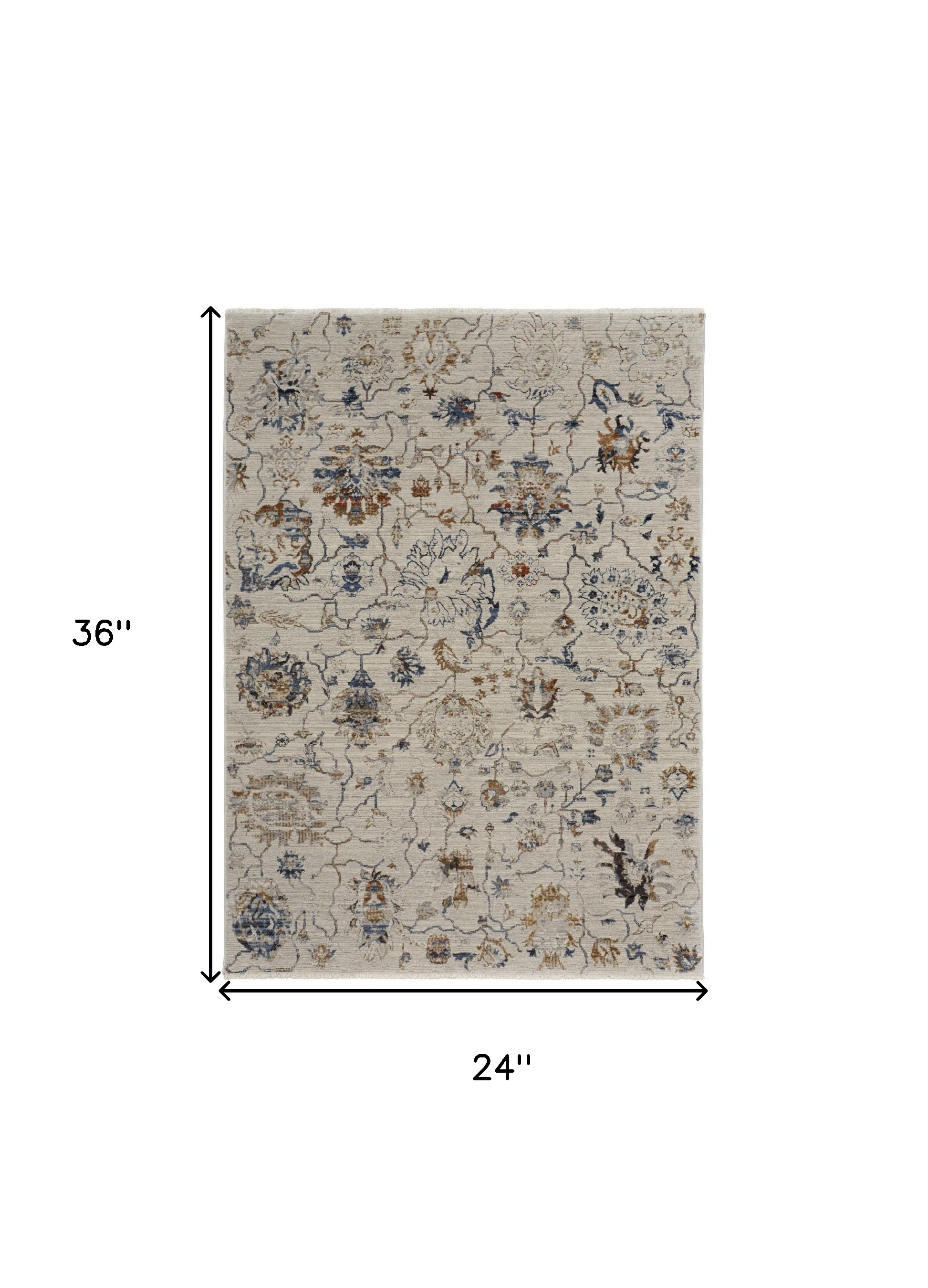 2" X 3" Ivory Orange And Blue Floral Power Loom Distressed Area Rug With Fringe
