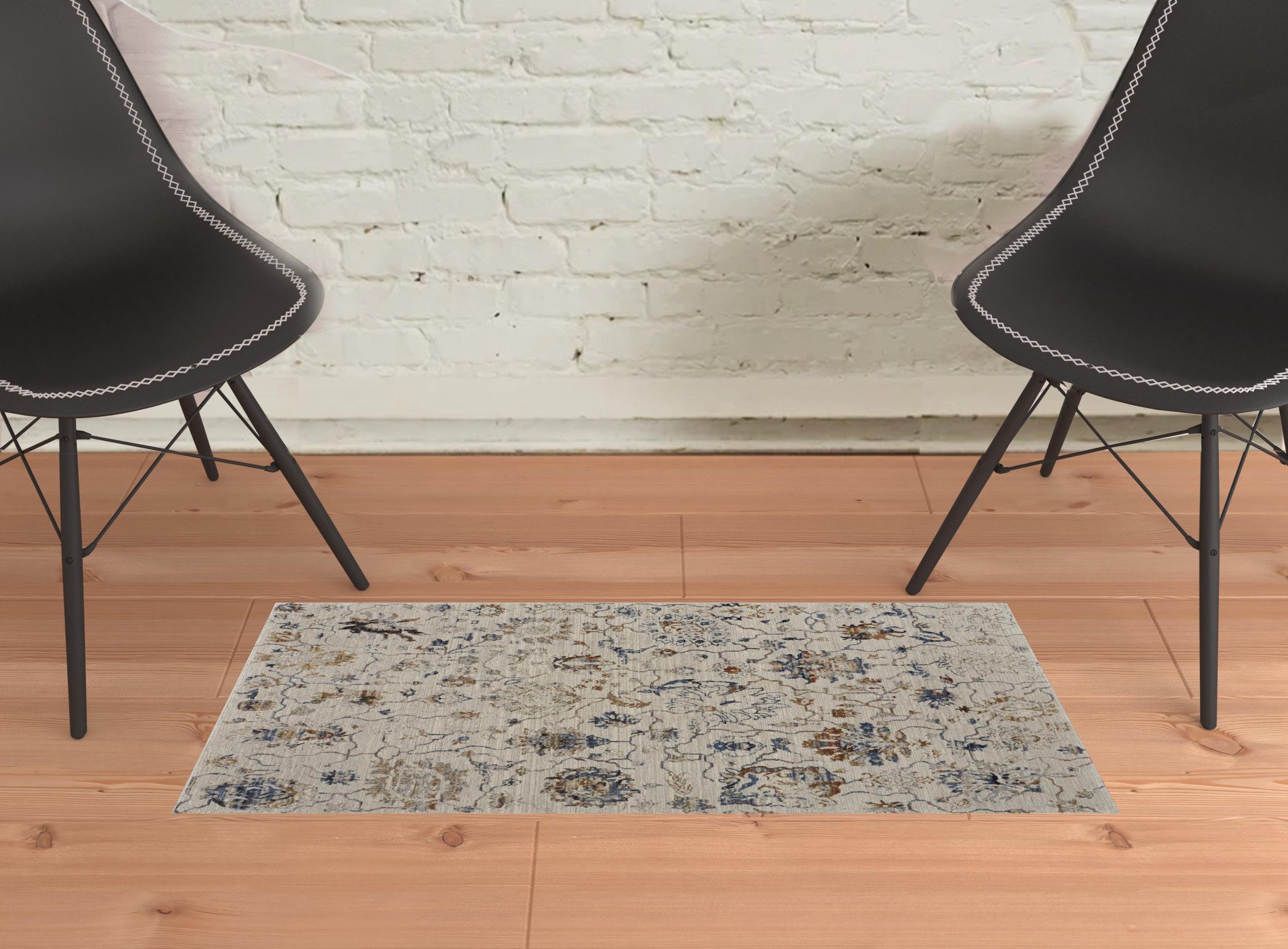 2" X 3" Ivory Orange And Blue Floral Power Loom Distressed Area Rug With Fringe