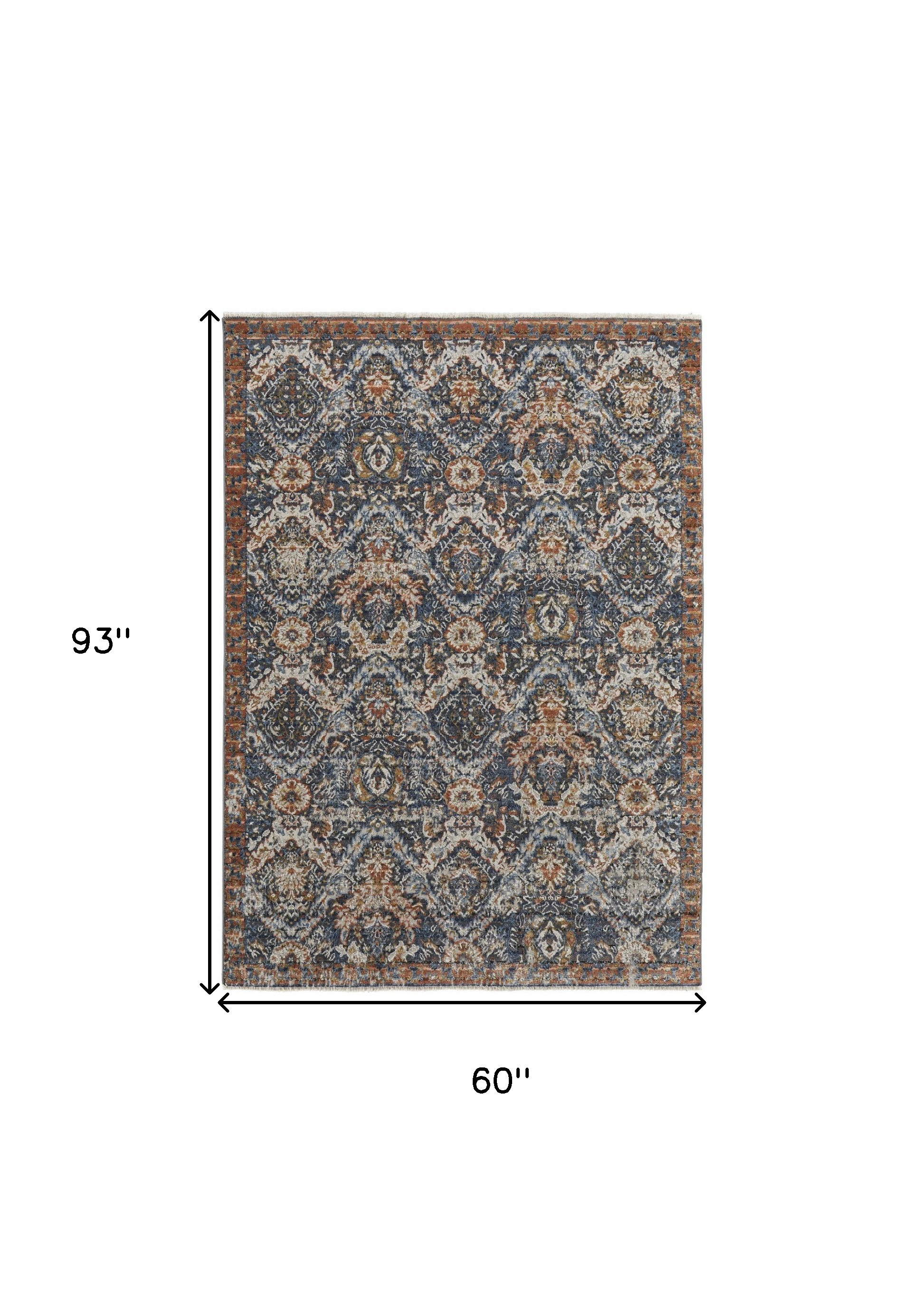 5" X 8" Blue and Orange Floral Power Loom Non Skid Area Rug With Fringe
