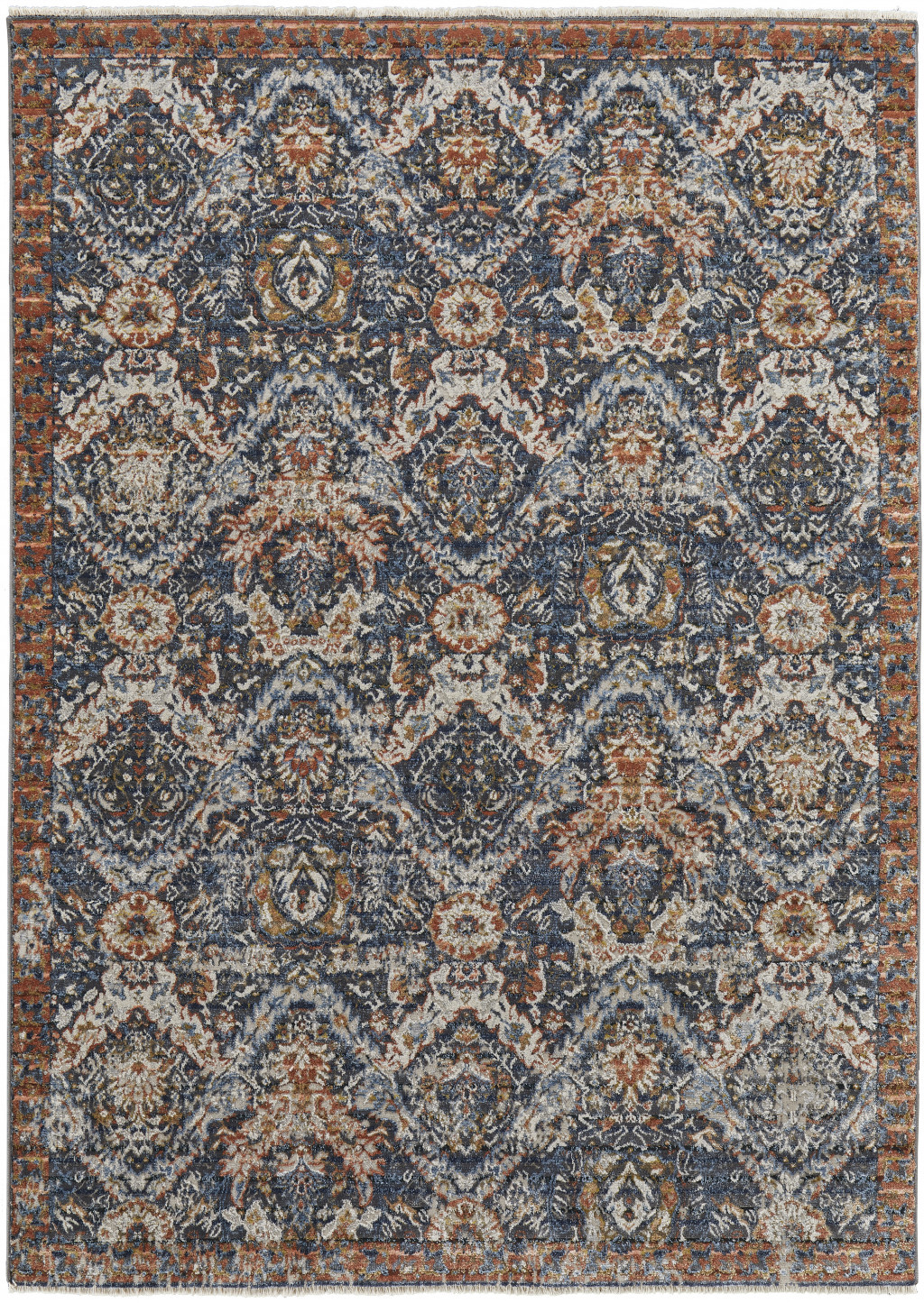 8' X 10' Blue Orange And Ivory Floral Power Loom Area Rug With Fringe-513991-1