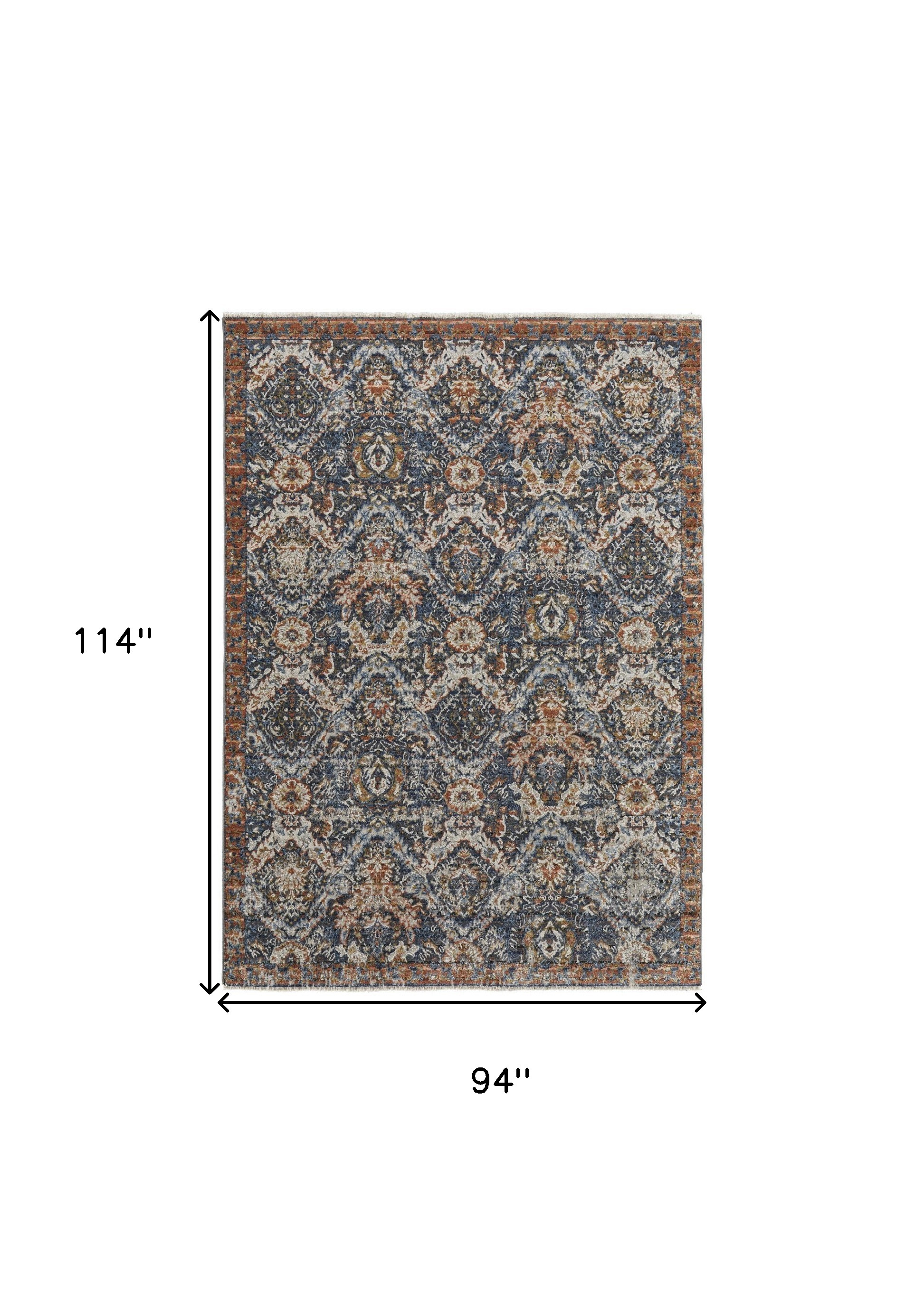 8" X 10" Blue Orange And Ivory Floral Power Loom Area Rug With Fringe