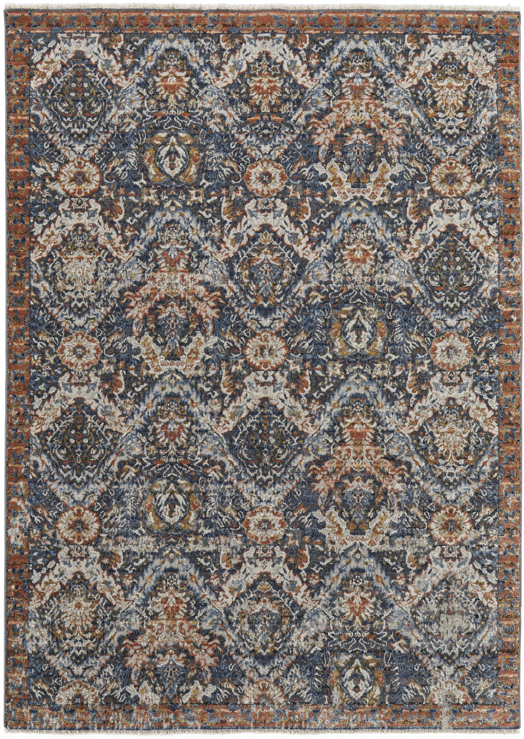 10" X 13" Blue Orange And Ivory Floral Power Loom Area Rug With Fringe