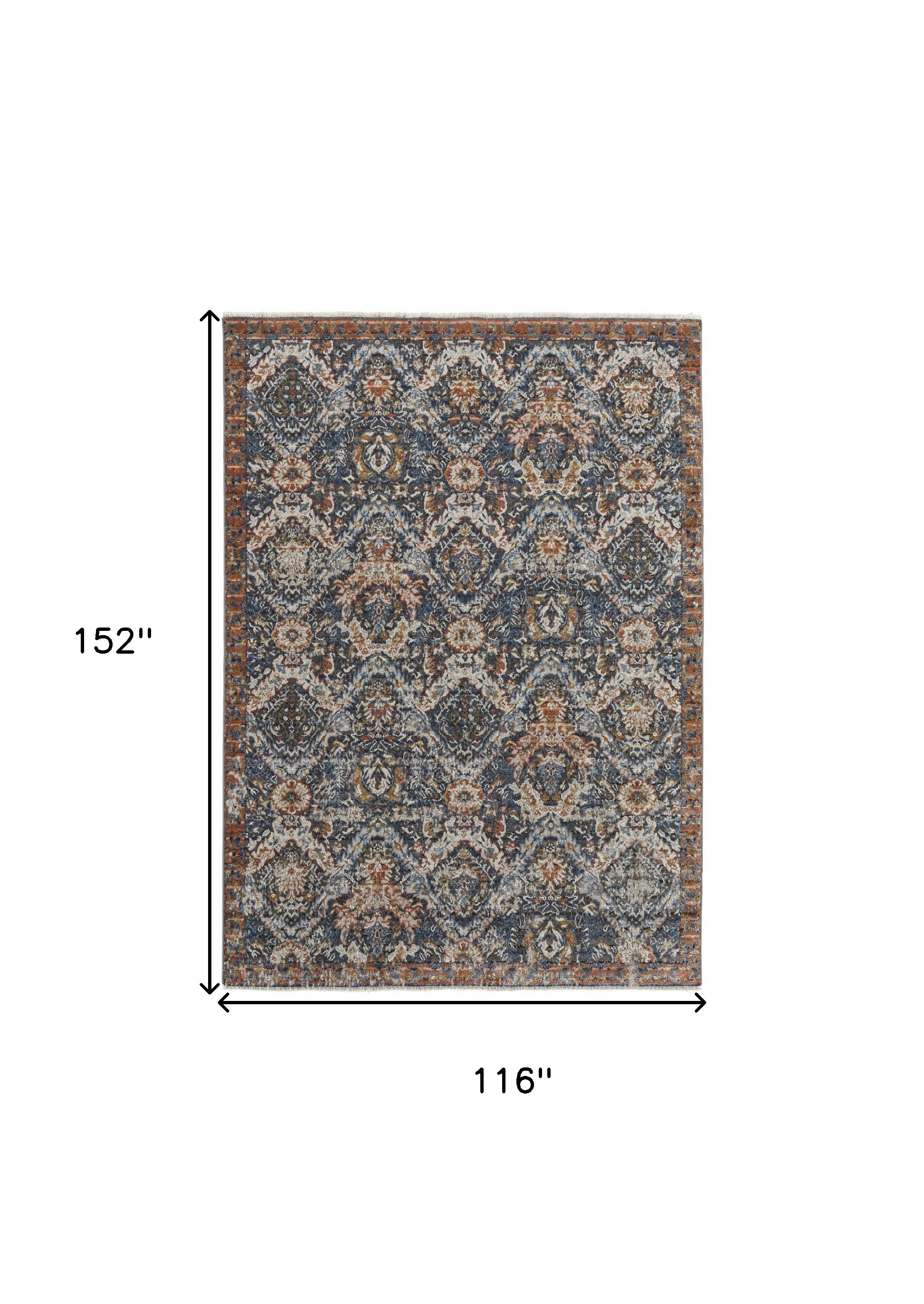 10" X 13" Blue Orange And Ivory Floral Power Loom Area Rug With Fringe