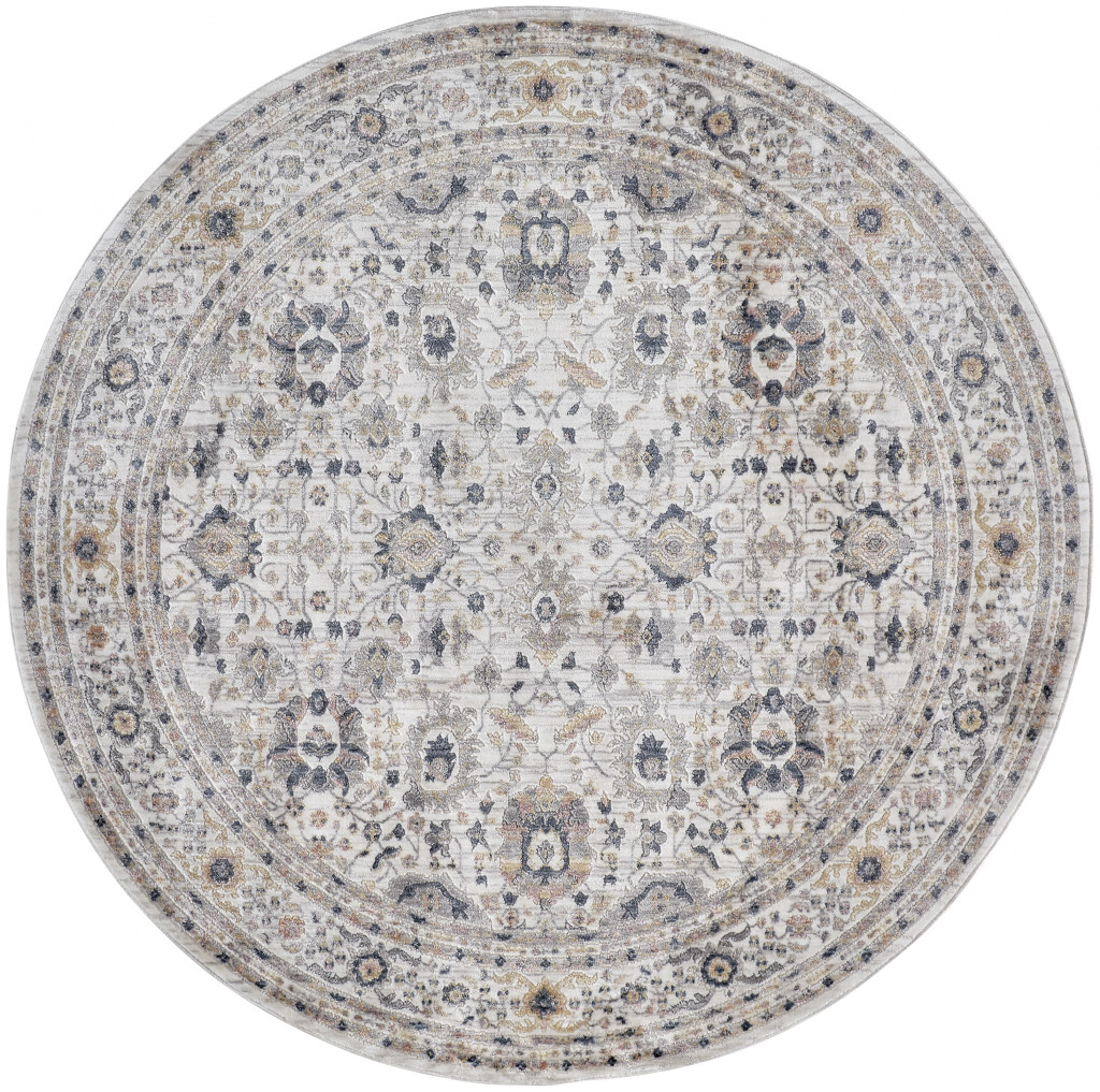 6' Tan Ivory And Blue Round Floral Stain Resistant Area Rug-514086-1